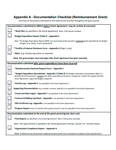 reimbursement grant documentation checklist template