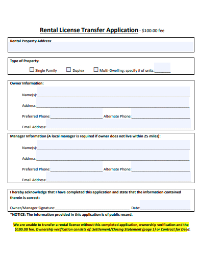 rental license transfer application template