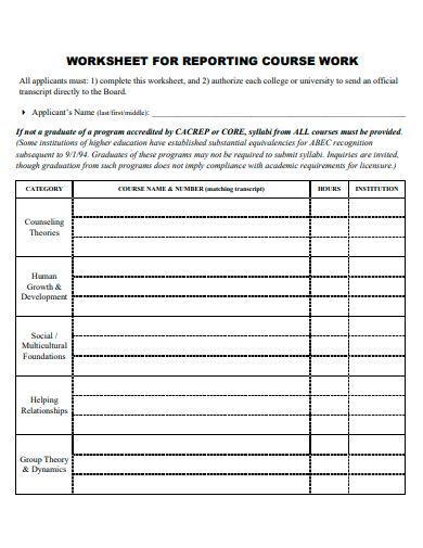 reporting course work worksheet template