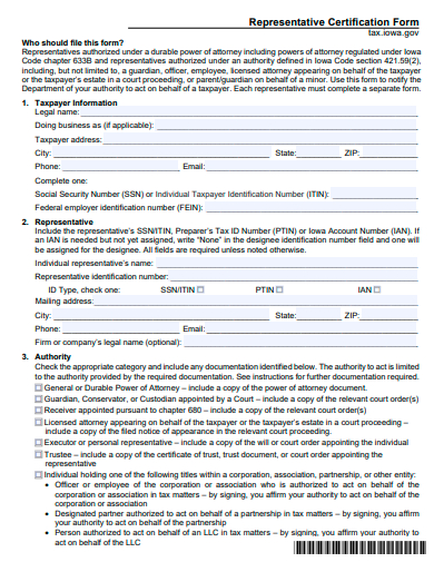 representative certification form template