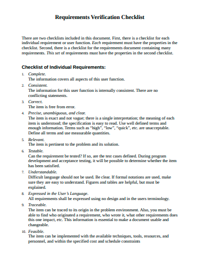 requirements verification checklist template