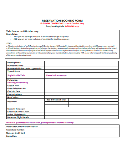 reservation booking form template