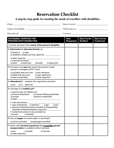 reservation checklist template