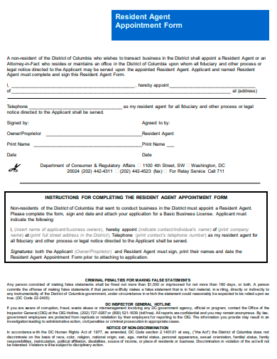 resident agent appointment form template