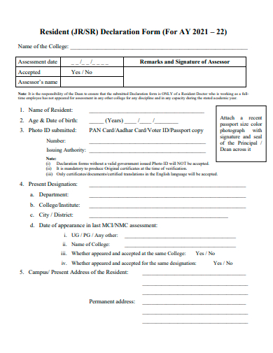resident declaration form template