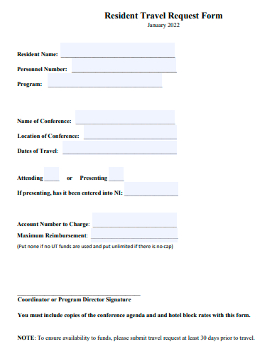 resident travel request form template