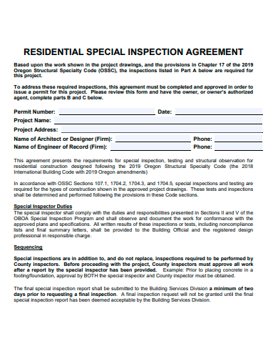 residential special inspection agreement template
