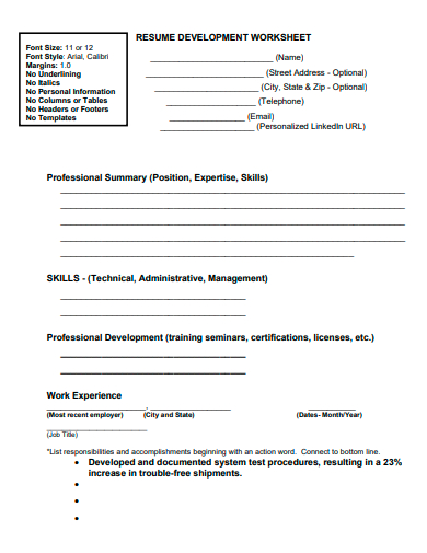 resume development worksheet template