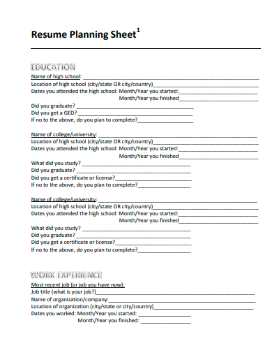 resume planning sheet template