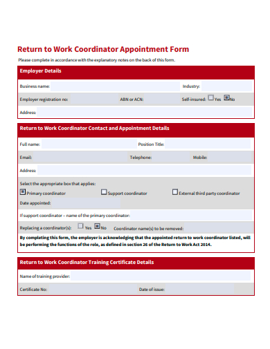 return to work coordinator appointment form template