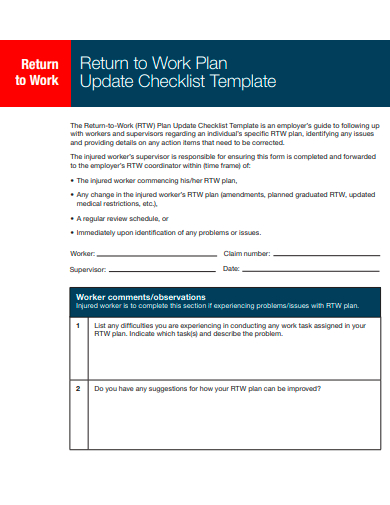 return to work plan update checklist template