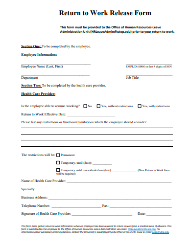 return to work release form template