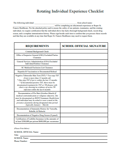 rotating individual experience checklist template