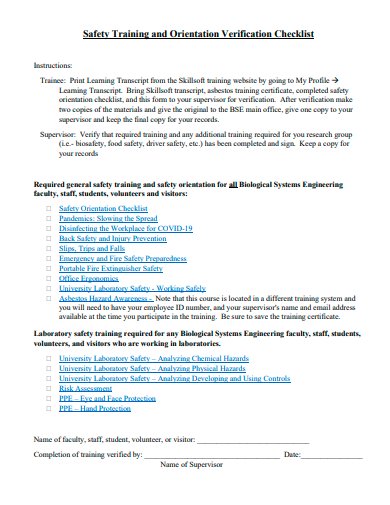 safety training and orientation verification checklist template