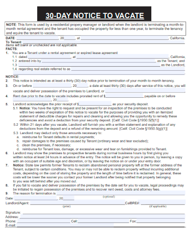 sample 30 days notice to vacate for tenant template