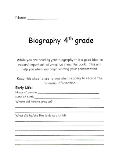 sample 4th grade biography form template