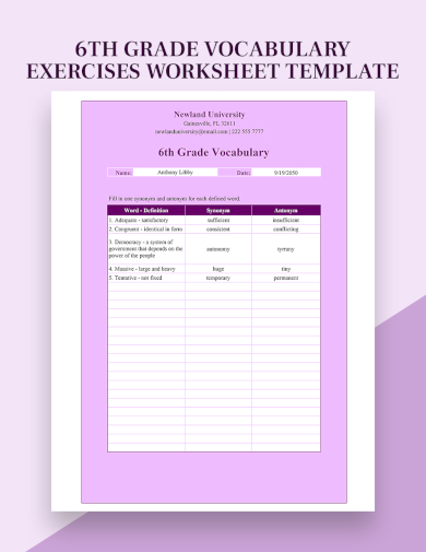 sample 6th grade vocabulary exercises worksheet template