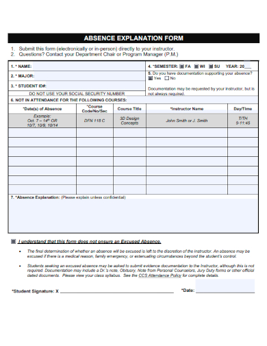 sample absence explanation form template