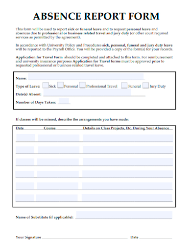 sample absence report form template