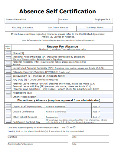 sample absence self certification form template