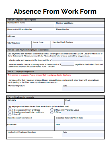 sample absence from work form template