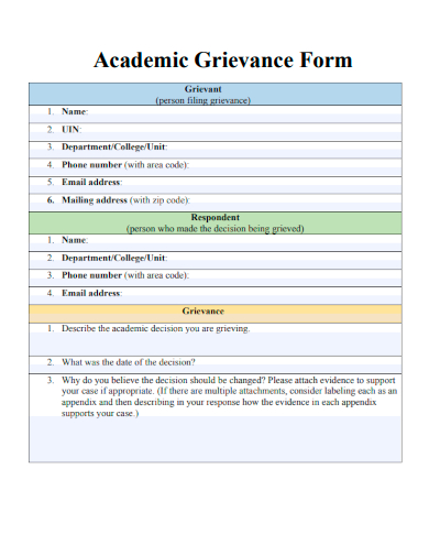 sample academic grievance form template
