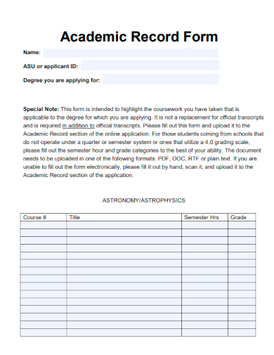 sample academic record form template