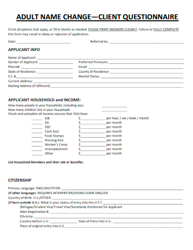 sample adult name change client questionnaire template