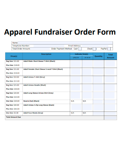 sample apparel fundraiser order form template