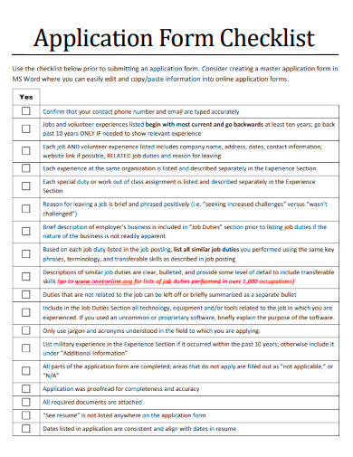 sample application form checklist template