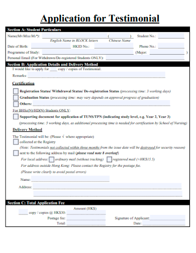 sample application for testimonial template