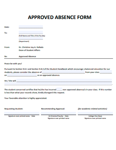 sample approved absence form template