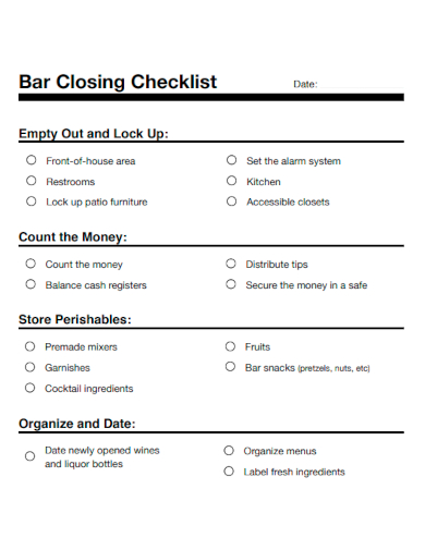 sample bar closing checklist template