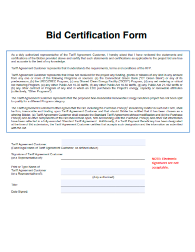 sample bid certification form template