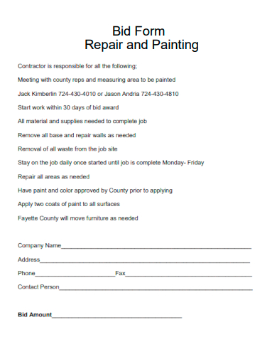 sample bid form repair painting template