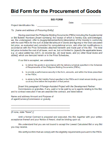 sample bid form for the procurement of goods template