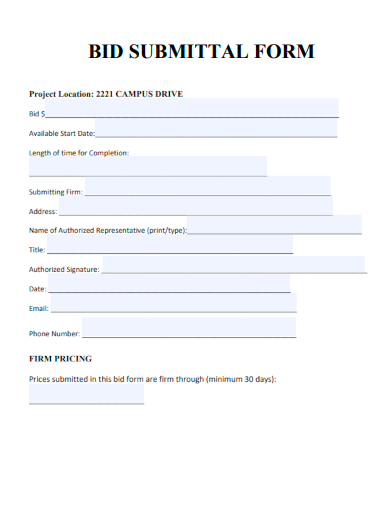 sample bid submittal form template