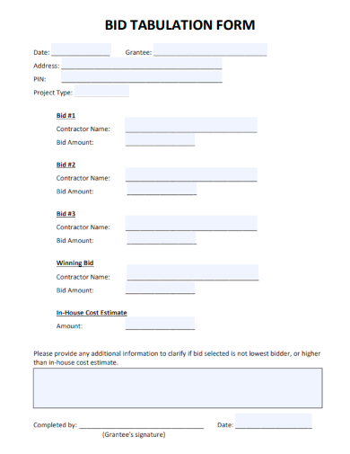 sample bid tabulation form template
