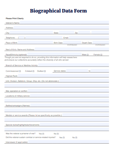 sample biographical data form template