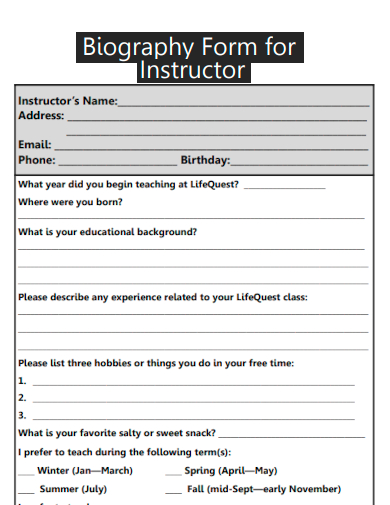 sample biography form for instructor template