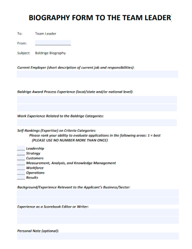 sample biography form to team leader template