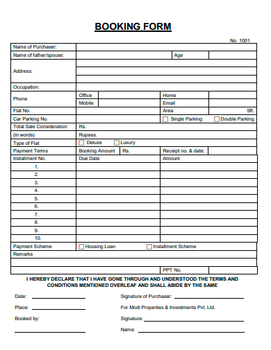 sample booking form template