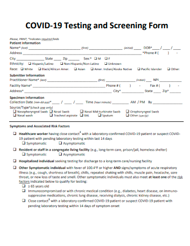 sample covid 19 testing and screening form template