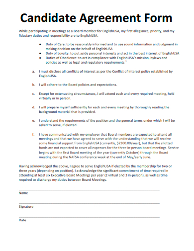 sample candidate agreement form template