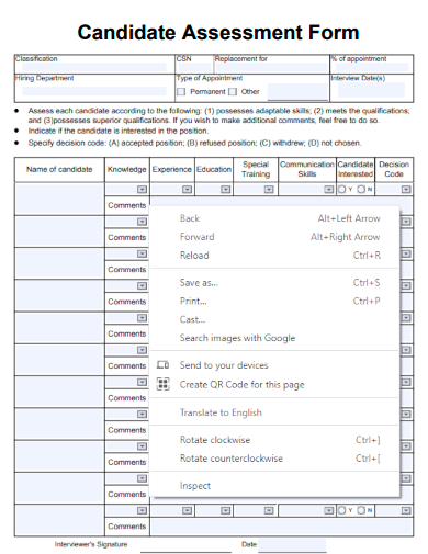 sample candidate assessment form templates