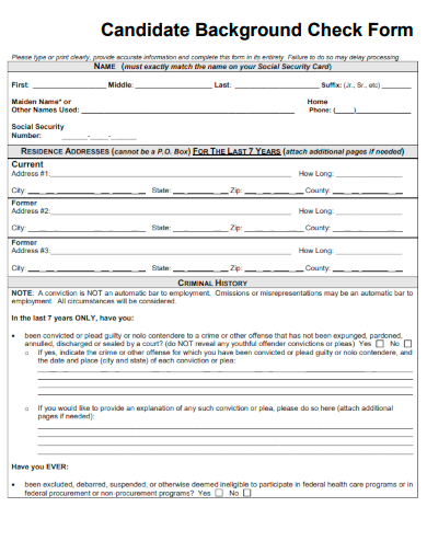sample candidate background check form template
