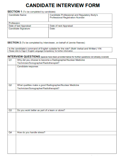 sample candidate interview form template