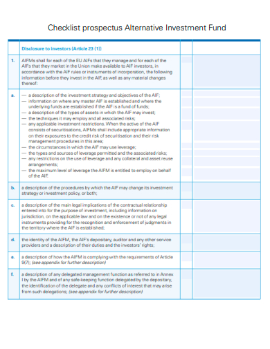 sample checklist prospectus alternative investment fund template