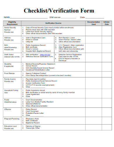 sample checklist verification form template