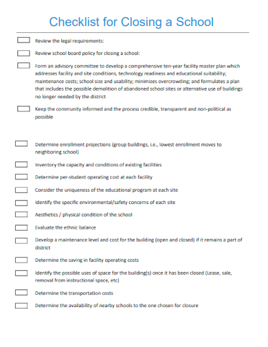 sample checklist for closing a school template
